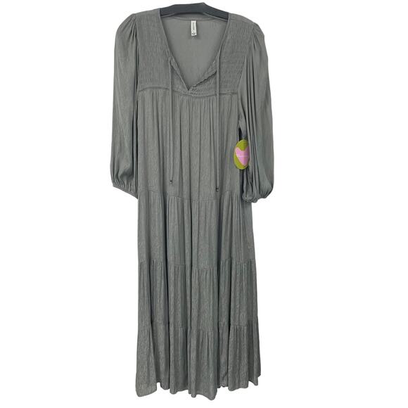 NWT Gentle Fawn Tiered Ruffle Tie Neck Aloe Green Foliage Print Maxi Dress Small - Picture 1 of 8